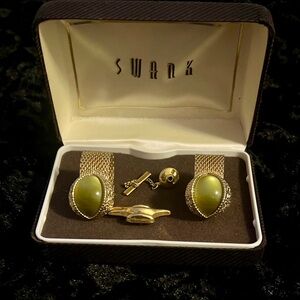 Vintage 1960’s “Swank” Olive Moon-glow Cufflinks and Tie Tack / Pin Set (NIB)